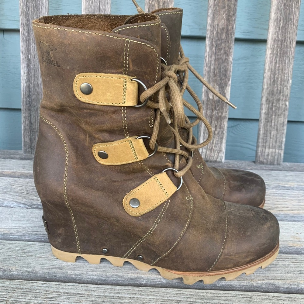 Sorel Joan of Arctic Wedge II Boots Womens 8.5 Brown Leather Waterproof Lace Up